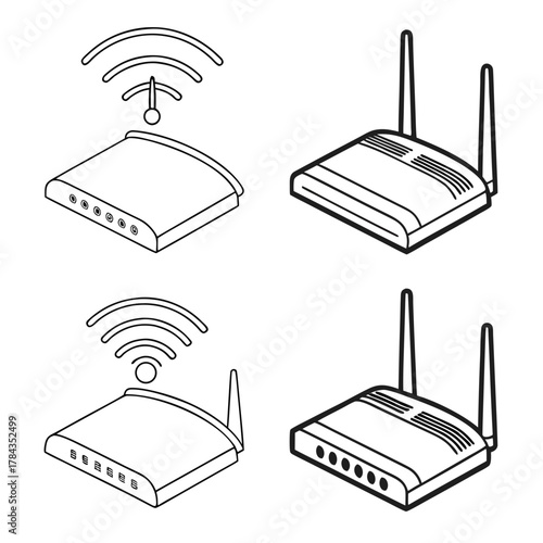 Four black outline icons of wifi routers with antennas