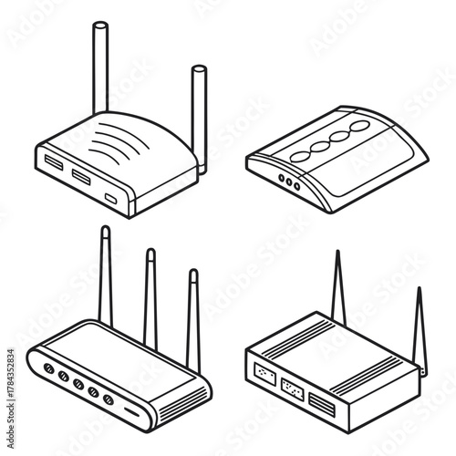 Four isometric wifi router icons black and white wireless router