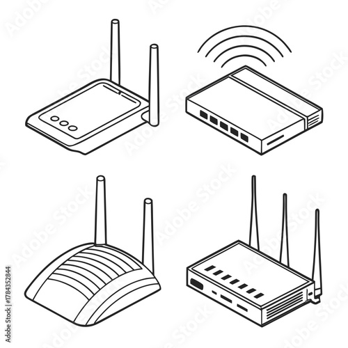 Four isometric wifi router icons black outline wireless router