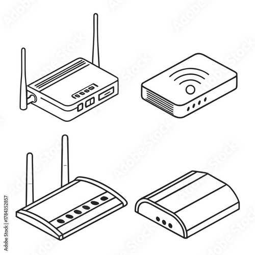 Four isometric wifi router icons line art vector