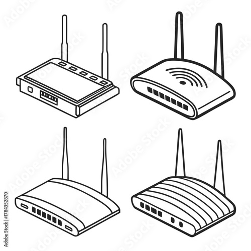 Four isometric wifi router icons with antennas wireless router