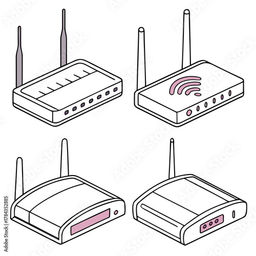 Four isometric wifi router icons with antennas wireless