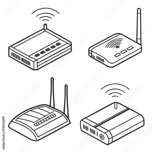 Four isometric wifi router icons with signal waves 2