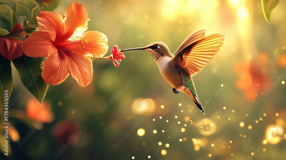 Fototapeta premium Colorful hummingbird hovering near blooming flower for nectar digital art