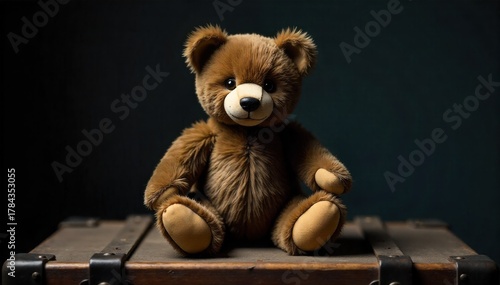 Mummy s favorite toy, a vintage teddy bear with worn fur, placed on a dusty attic trunk. A vintage teddy bear with worn, matted fur and a single button eye, placed on a dusty, weathered wooden trunk