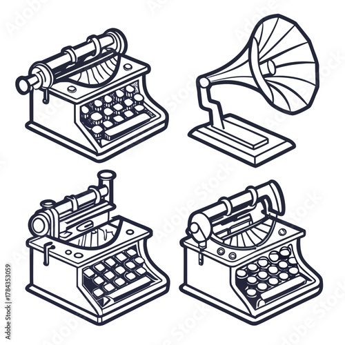 Four vintage style isometric illustrations of typewriters and gramophone