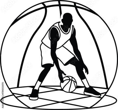 Basketball player dribbling ball low stance silhouette isolated on transparent background