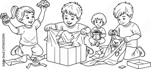 Children excitedly opening presents on the floor together