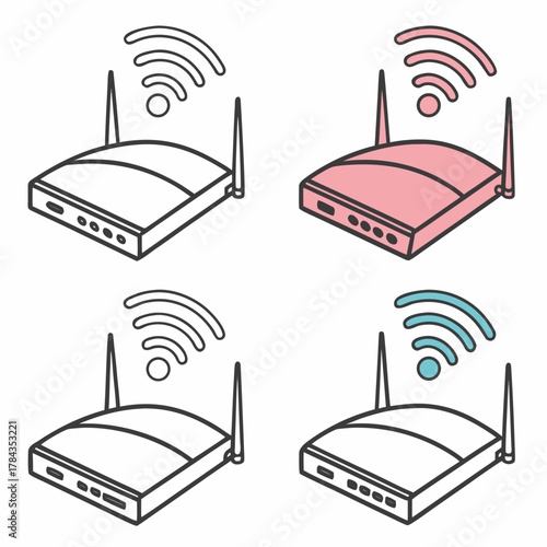 Four wifi router icons with signal waves wireless internet