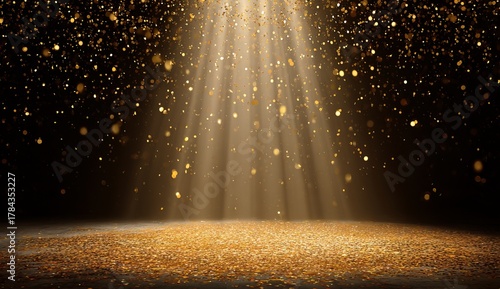 Gold confetti falling on dark stage with light beams