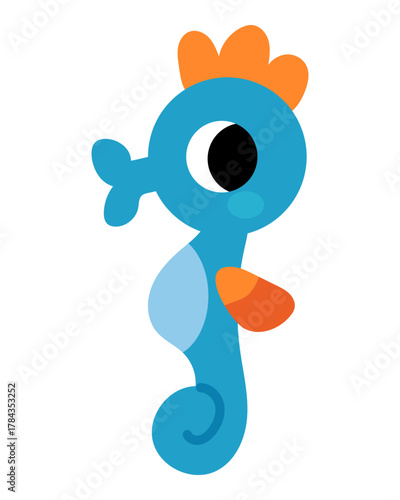 Cute blue seahorse illustration isolated on white background. Kawaii sea animal character for marine-themed projects. Flat vector illustration