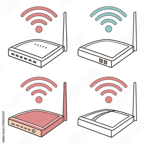 Four wireless router icons with wifi signals wifi router