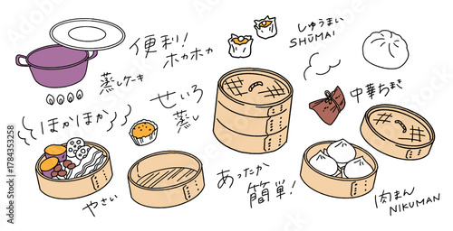せいろを使った料理、肉まんなどのイラストと日本語装飾の手描き風ベクターイラスト素材 Illustrations of dishes cooked in bamboo steamers with Japanese decorative elements, hand-drawn style vector illustration assets.