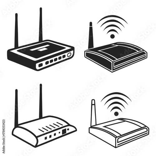 Four black and white icons of wifi routers wifi router icon