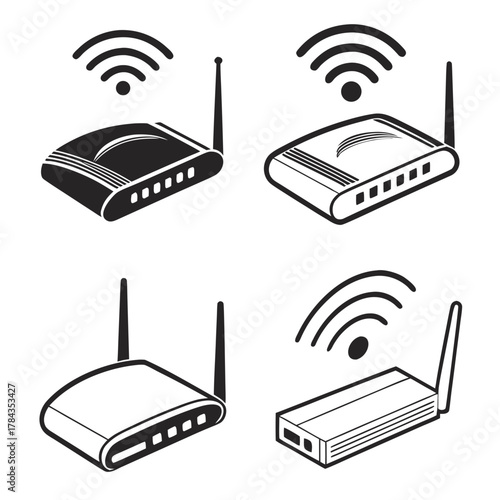Four black and white isometric wifi router icons symbol