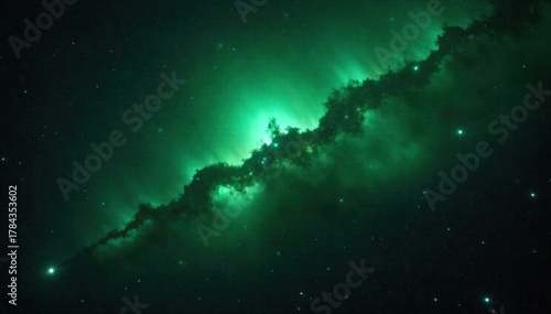Cosmic Dust Sparkles A breathtaking view of a cosmic nebula with swirling tendrils of deep indigo and emerald green. Within the nebula are countless tiny, twinkling sparkles resembling distant stars,