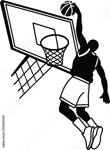 Basketball player layup motion black silhouette isolated on transparent background