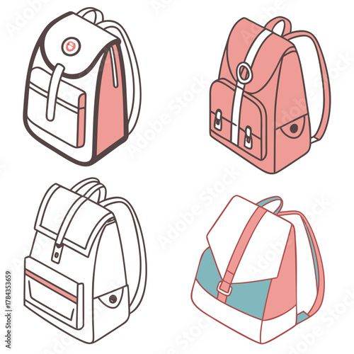 Four isometric school bag icons in pink and blue backpack