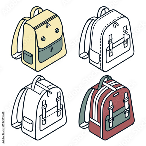 Four isometric school backpacks in different colors and styles