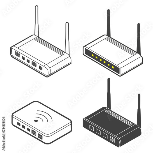 Four isometric wifi router icons in black and white with yellow accents