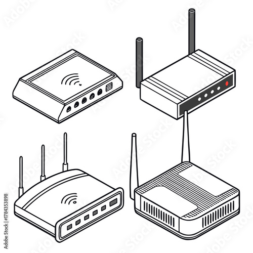 Four isometric wifi routers black and white wireless router