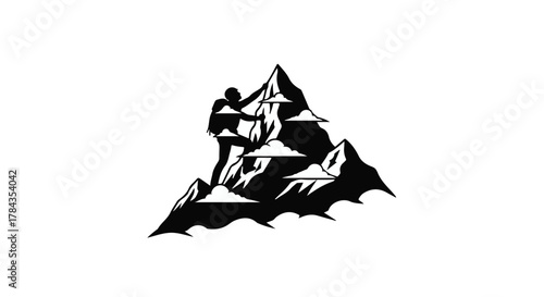Silhouette of a determined climber scaling a majestic mountain peak, reaching for success amidst the clouds.