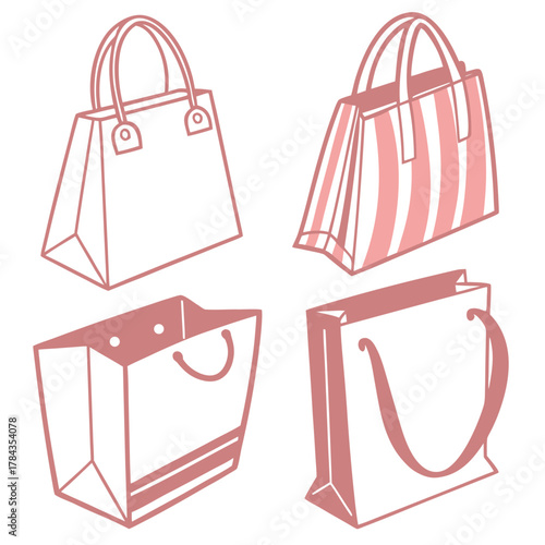 Four shopping bags in pink outline vector art tote bag