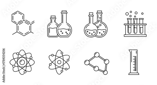 Set of Chemistry Related Line Icons, Editable Stroke for Design, Web Sites, Apps, Cards, Contains Linear Images of Chemical Compound, Laboratory Bulbs, Atoms, Molecules, and Graduated Cylinder for