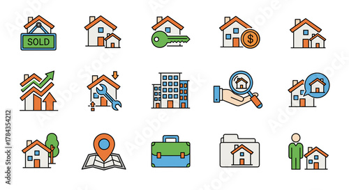 Set of real estate icons in a cartoon style, featuring houses, a sold sign, a key, a magnifying glass, a briefcase, a map pin, and financial growth charts, perfect for property business branding and