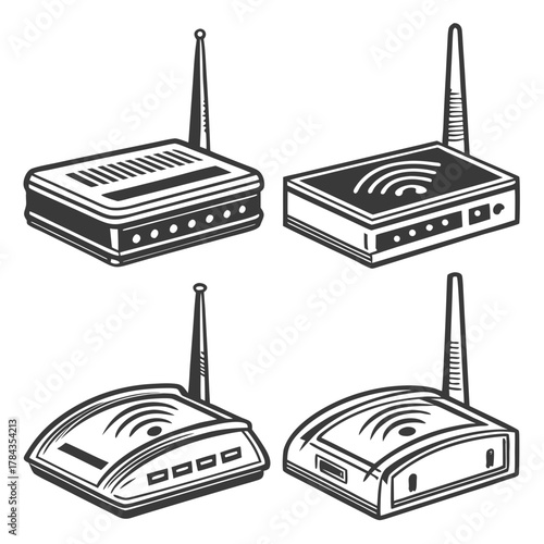 Four vintage style wifi router icons retro technology