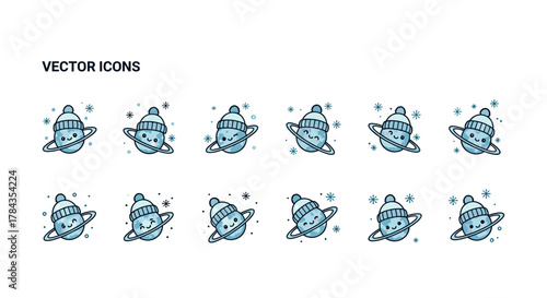 Charming vector cartoon illustration of a set of cute planets wearing cozy blue knitted winter hats with pom-poms, surrounded by snowflakes and small dots, set against a clean white background