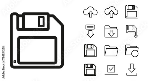 A collection of simple black and white line icons on a white background, featuring a large floppy disk save icon prominently on the left, accompanied by smaller icons for cloud upload, download