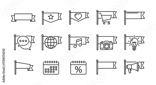 A comprehensive collection of line art banner and flag icons, perfect for graphic and web design, apps, adverts, and various cards. This vector illustration features symbols like a star, heart
