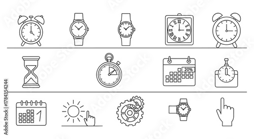 Collection of simple linear outline icons representing time and clocks, including alarm clocks, wristwatches, square clock with Roman numerals, hourglass, stopwatch, calendar with 20% discount