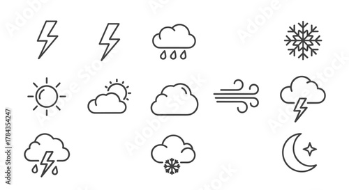 A comprehensive collection of weather-related line icons, featuring lightning bolts, rain showers, snowflakes, sunny skies, cloudy conditions, wind gusts, and a crescent moon with a star, presented