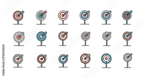 Set of 20 minimalistic thin outline icons representing targets with arrows, featuring variations in color (red, blue, grey) and design, perfect for web, graphic design, apps, banners, social