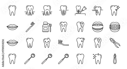A comprehensive collection of line art icons representing dental health and care, featuring healthy and unhealthy teeth, dental tools like toothbrushes, toothpaste, dental mirrors, and extraction