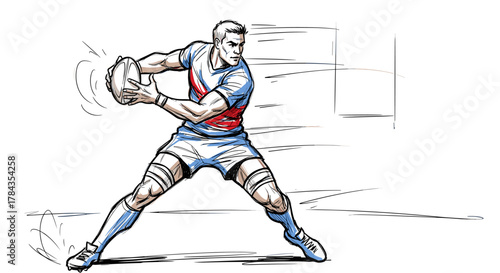 Dynamic sketchy style illustration of a muscular rugby player in mid-action, powerfully throwing a pass with intense focus, capturing the raw energy and athleticism of the sport in a unique artistic