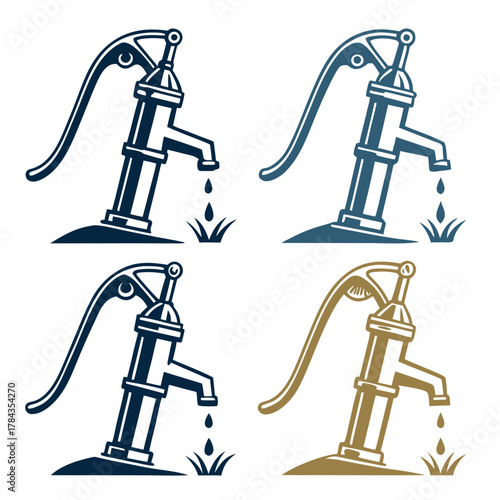Four vintage water pump icons with subtle shading vector