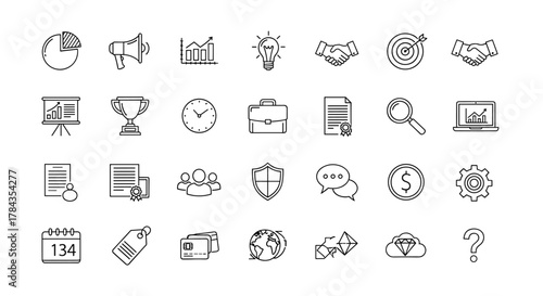 A comprehensive collection of thin vector icons on a clean white background, representing various business and presentation-related concepts, including charts, graphs, awards, documents, and
