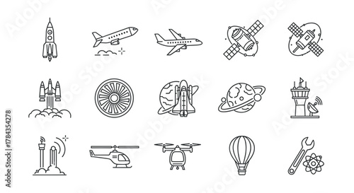 Collection of outline icons representing aerospace engineering, including rockets, airplanes, satellites, jet engines, space shuttles, control towers, helicopters, drones, hot air balloons, and