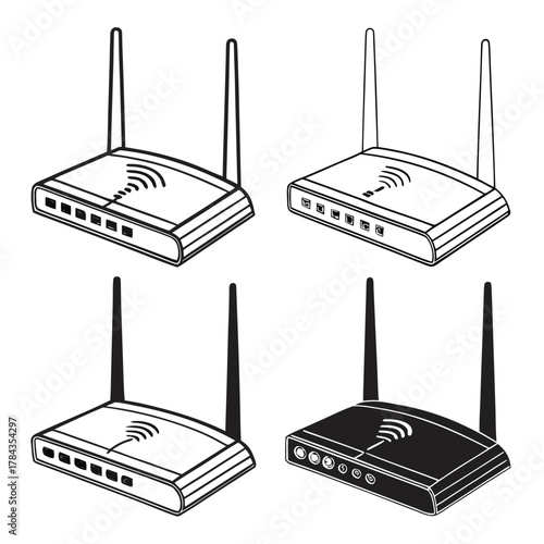 Four Wi Fi router icons in black and white wifi router