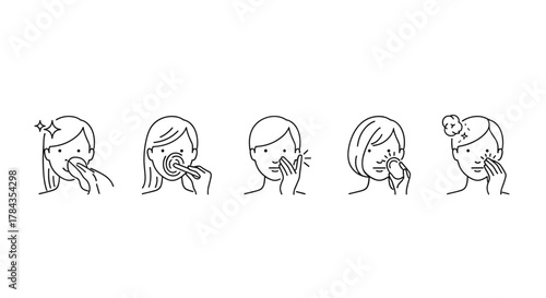 Minimalist line art icons illustrating the five human senses: sight, hearing, smell, taste, and touch, with a focus on facial expressions and actions related to sensory perception, ideal for