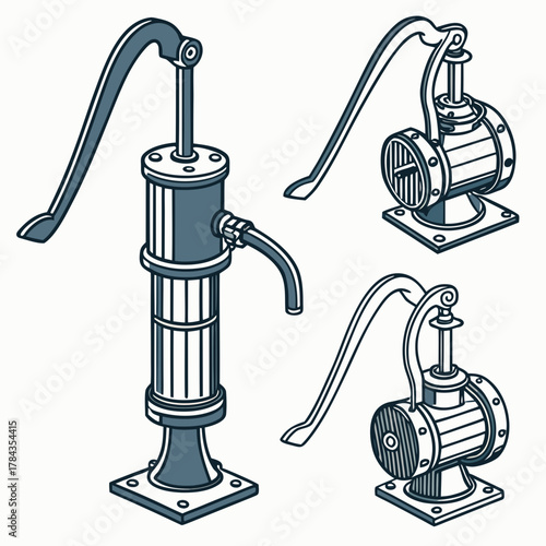 Three vintage water pump vector icons with subtle shading