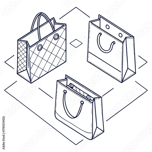 Three shopping bags outlined in thin blueprint style
