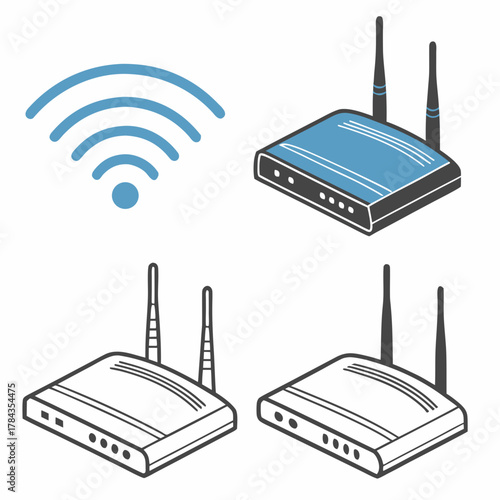 Wifi router and signal icons isometric vector set wireless