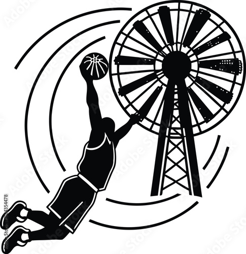 Basketball player windmill dunk motion silhouette isolated on transparent background