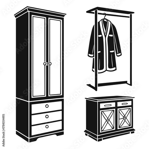 Black silhouette icons of wardrobe closet and dresser