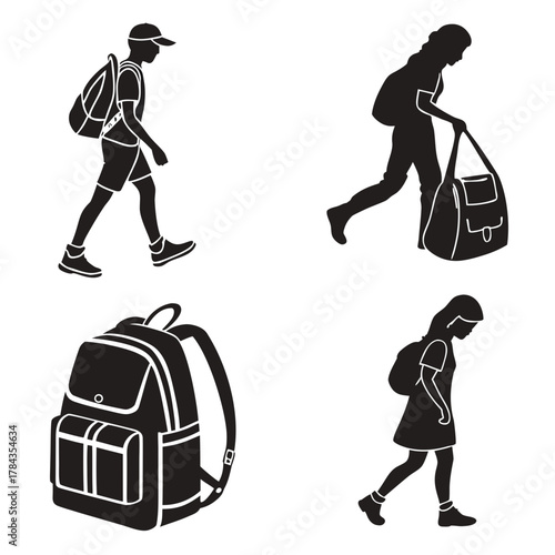 Four black silhouette icons of people with backpacks and a backpack
