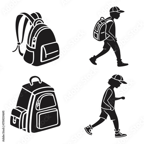 Four black silhouette icons of school bags and children
